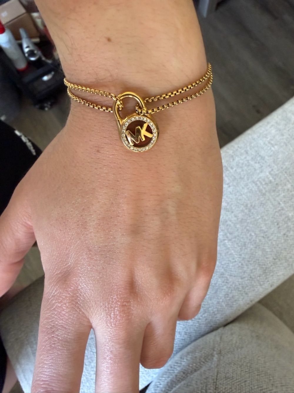 Michael Kors Gold Double-Chain Padlock Bracelet with Crystal Accent